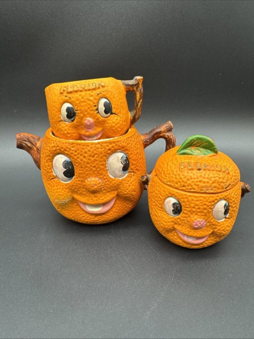 Vintage Florida Anthropomorphic Orange Teapot Cream Sugar Set Kitschy Fruit